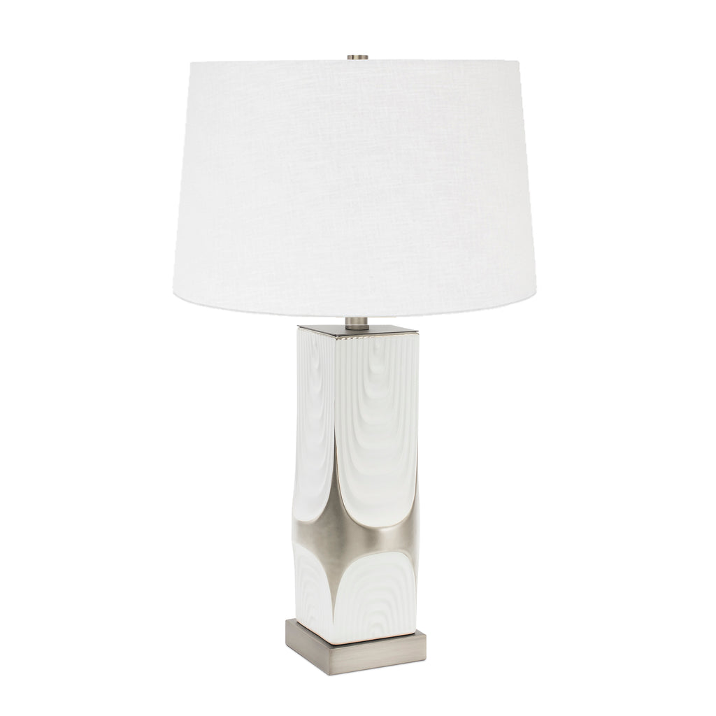 White and Silver Drape Table lamp- with 14x16x10 soft silver lined shade - Couture Lamps